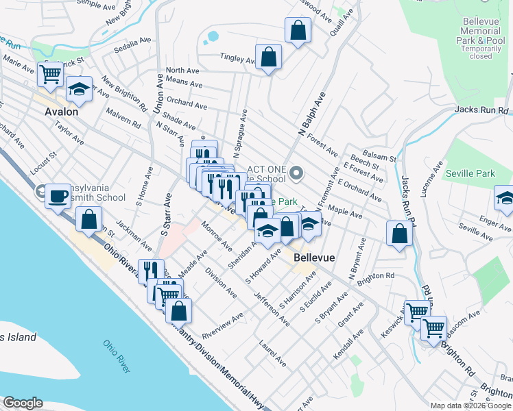 map of restaurants, bars, coffee shops, grocery stores, and more near 51 North Balph Avenue in Pittsburgh