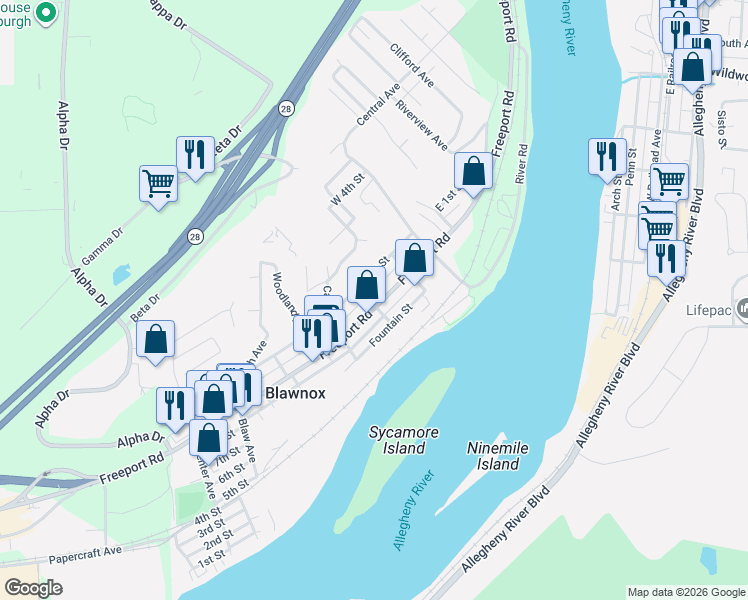 map of restaurants, bars, coffee shops, grocery stores, and more near 520 Maple Way in Blawnox