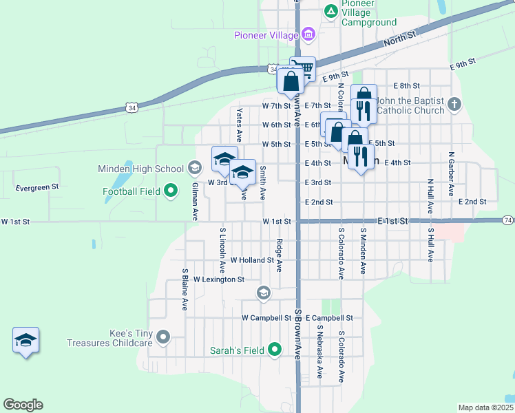 map of restaurants, bars, coffee shops, grocery stores, and more near 200-298 Yates Ave in Minden