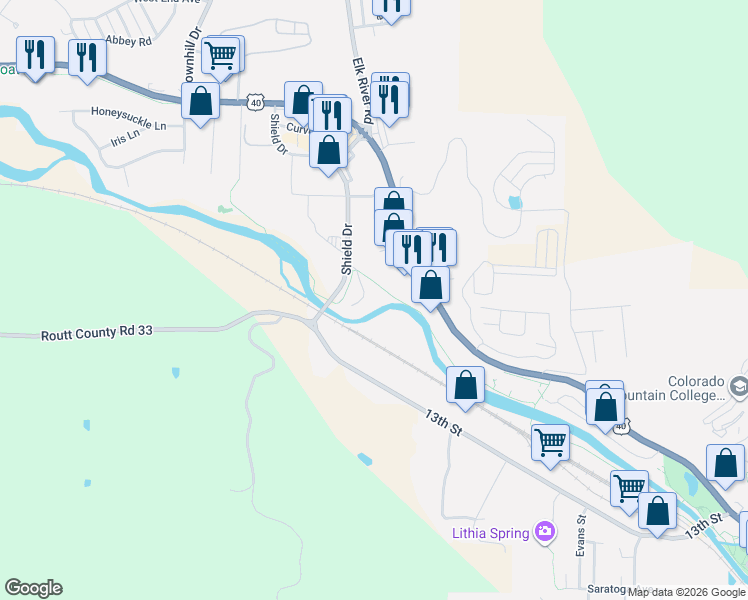 map of restaurants, bars, coffee shops, grocery stores, and more near 1940 Bridge Lane in Steamboat Springs