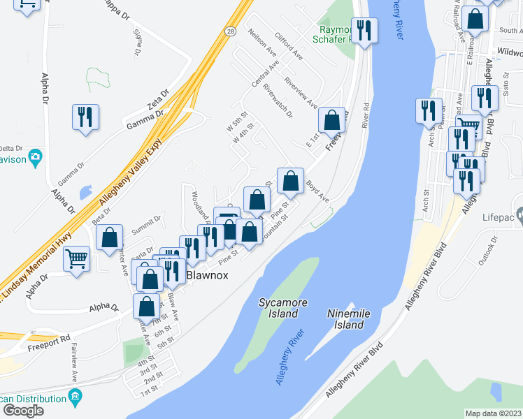map of restaurants, bars, coffee shops, grocery stores, and more near 501 Freeport Road in Blawnox