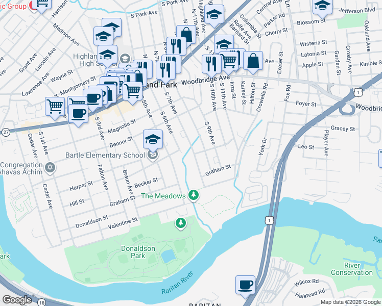 map of restaurants, bars, coffee shops, grocery stores, and more near 255 South 7th Avenue in Highland Park