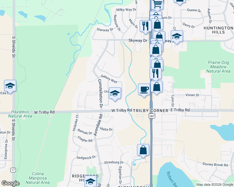 map of restaurants, bars, coffee shops, grocery stores, and more near 6409 North Lunar Court in Fort Collins