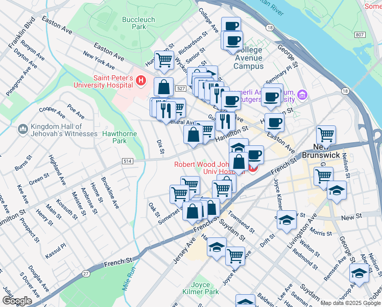 map of restaurants, bars, coffee shops, grocery stores, and more near 12 Robinson Street in New Brunswick