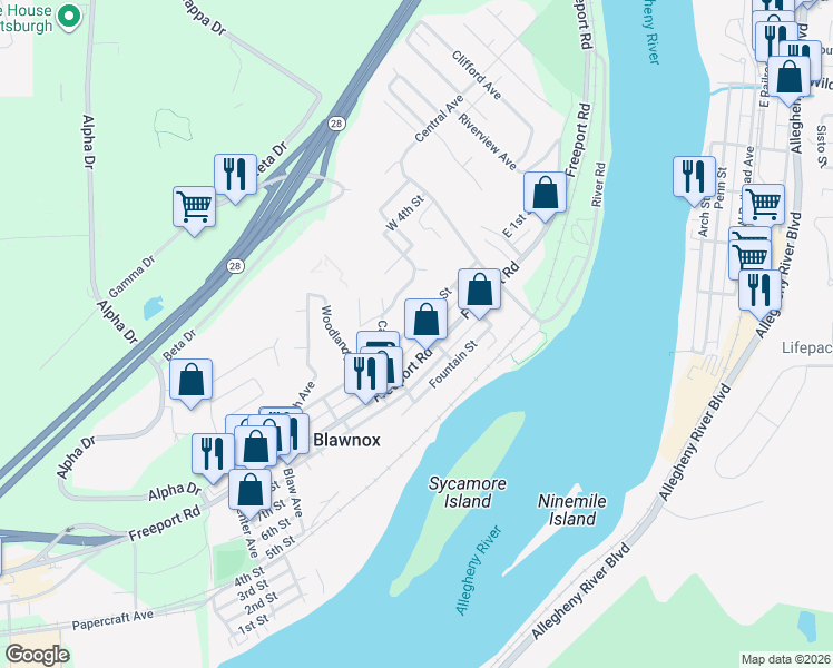 map of restaurants, bars, coffee shops, grocery stores, and more near 100 Mattier Drive in Blawnox