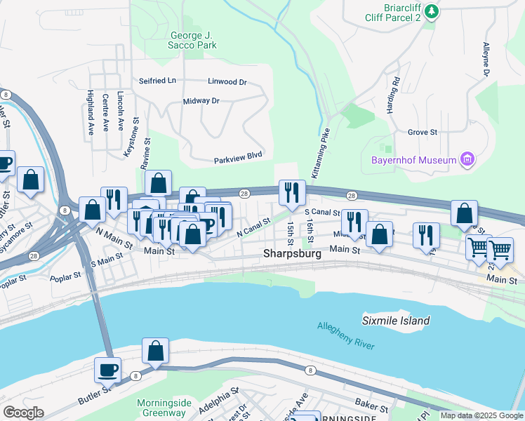 map of restaurants, bars, coffee shops, grocery stores, and more near 318 Roosevelt Way in Pittsburgh
