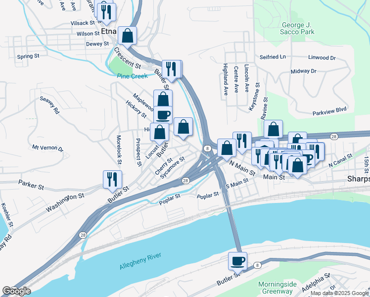 map of restaurants, bars, coffee shops, grocery stores, and more near 42 Bridge Street in Pittsburgh