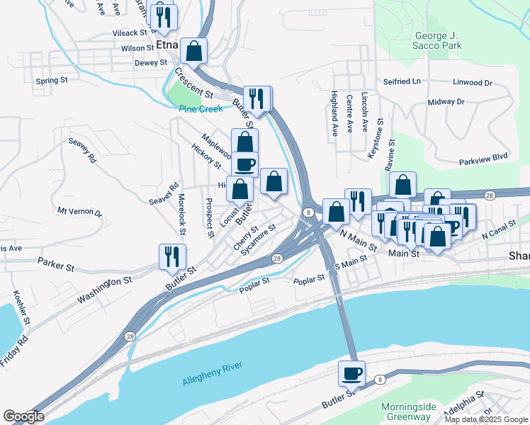 map of restaurants, bars, coffee shops, grocery stores, and more near 42 Bridge Street in Pittsburgh