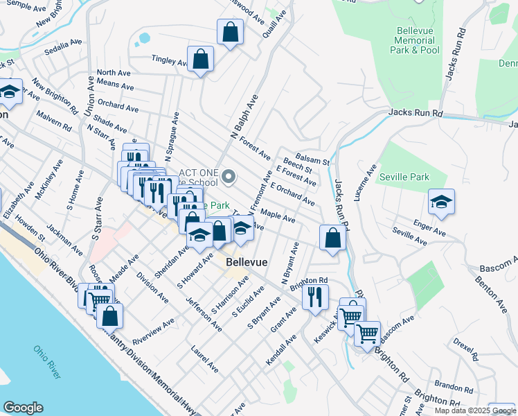 map of restaurants, bars, coffee shops, grocery stores, and more near 104 North Fremont Avenue in Pittsburgh