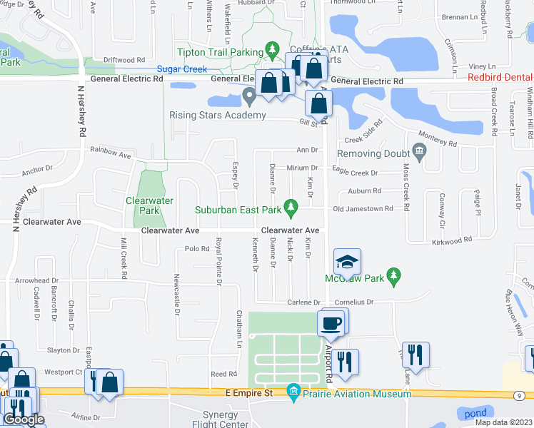 map of restaurants, bars, coffee shops, grocery stores, and more near 1302 Dianne Drive in Bloomington
