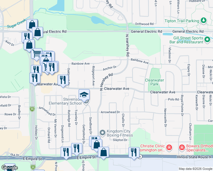 map of restaurants, bars, coffee shops, grocery stores, and more near 1412 North Hershey Road in Bloomington