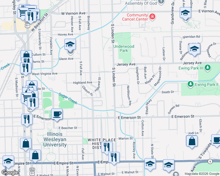 map of restaurants, bars, coffee shops, grocery stores, and more near 1301 South Linden Street in Normal