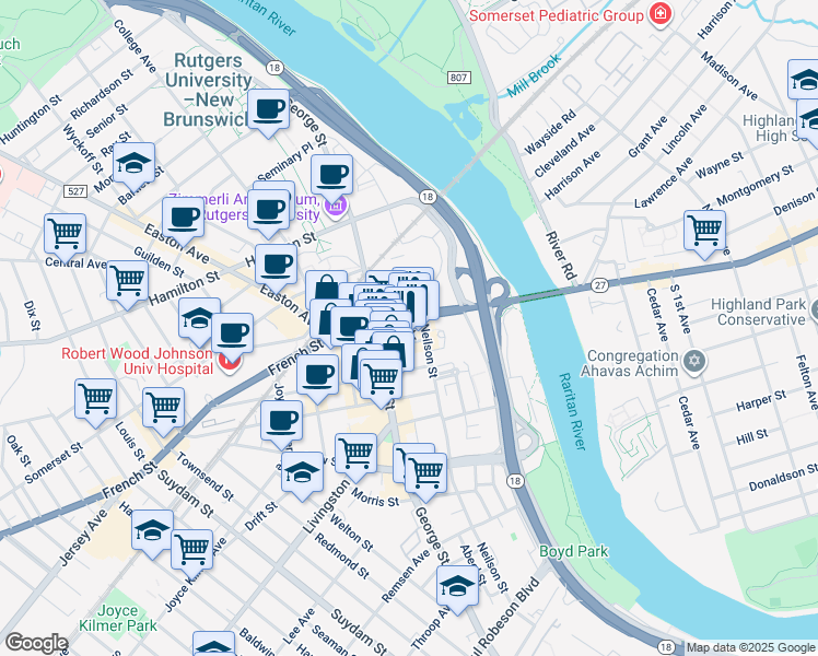 map of restaurants, bars, coffee shops, grocery stores, and more near 96 Albany Street in New Brunswick