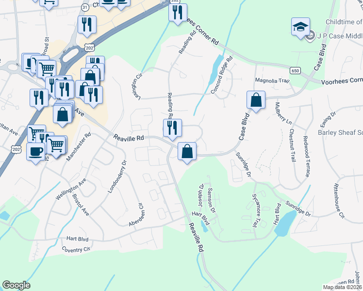 map of restaurants, bars, coffee shops, grocery stores, and more near 15 Lake Court in Flemington