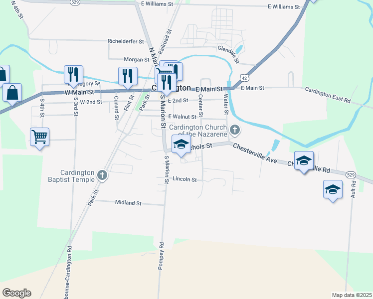 map of restaurants, bars, coffee shops, grocery stores, and more near 121 Nichols Street in Cardington