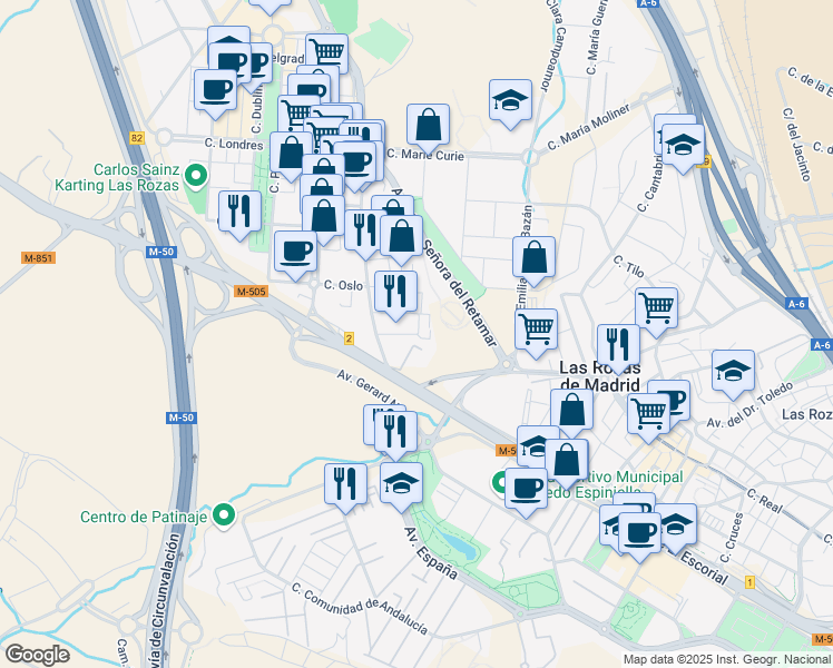 map of restaurants, bars, coffee shops, grocery stores, and more near 13 Calle Estocolmo in Las Rozas