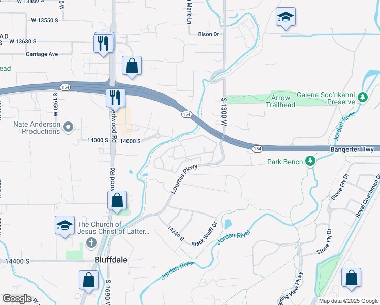 map of restaurants, bars, coffee shops, grocery stores, and more near 14035 Marketview Drive in Bluffdale