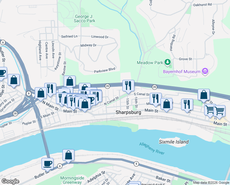 map of restaurants, bars, coffee shops, grocery stores, and more near 318 Roosevelt Way in Pittsburgh
