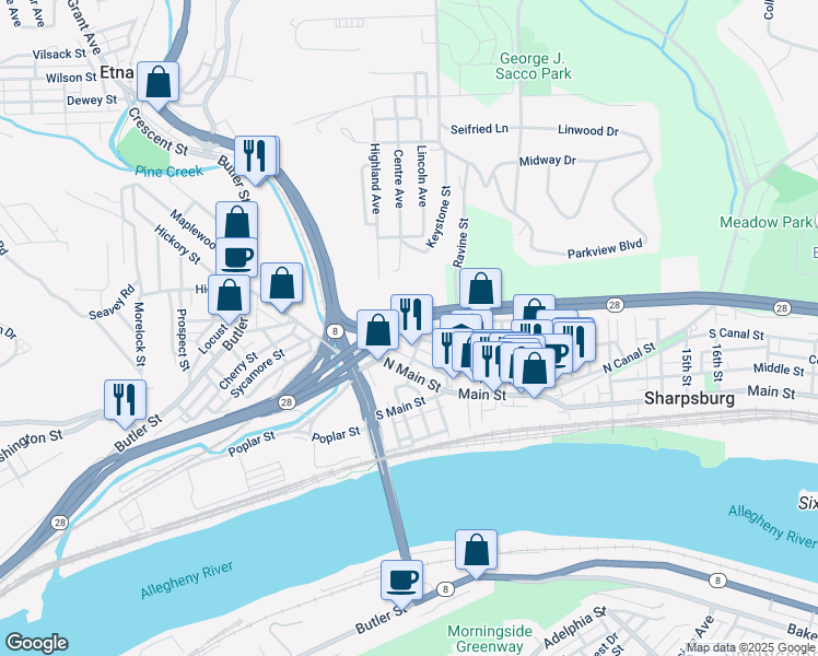 map of restaurants, bars, coffee shops, grocery stores, and more near 130 Penn Street in Pittsburgh