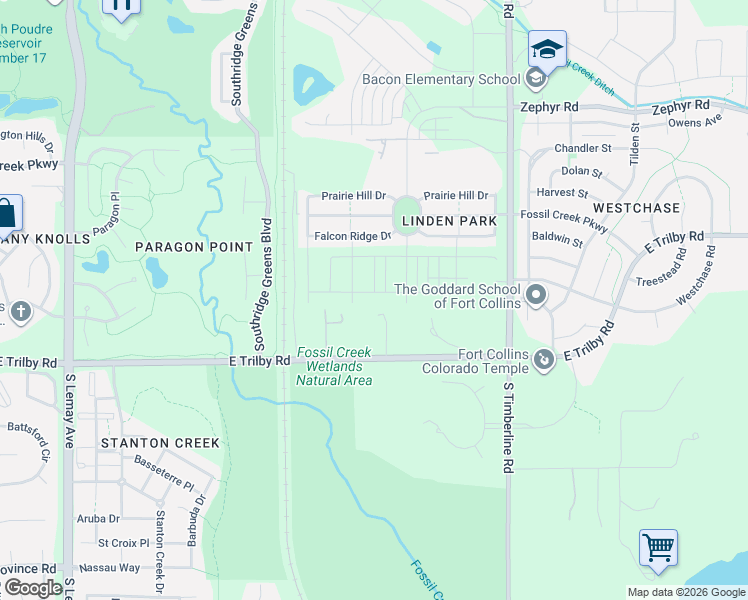 map of restaurants, bars, coffee shops, grocery stores, and more near 1790 East Trilby Road in Fort Collins