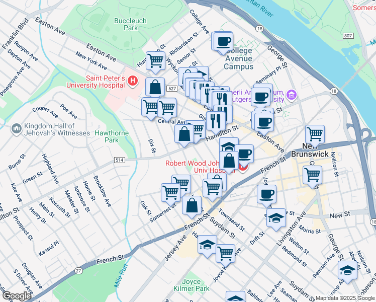 map of restaurants, bars, coffee shops, grocery stores, and more near 206 Hamilton Street in New Brunswick