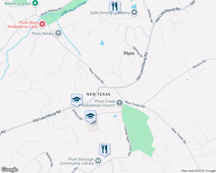 map of restaurants, bars, coffee shops, grocery stores, and more near 4200 New Texas Road in Pittsburgh