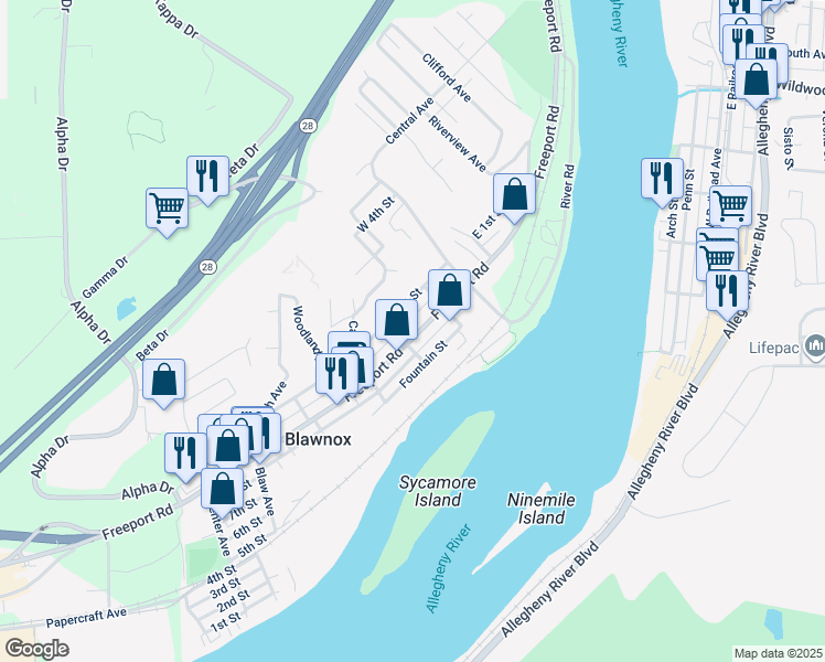 map of restaurants, bars, coffee shops, grocery stores, and more near 520 Maple Way in Blawnox