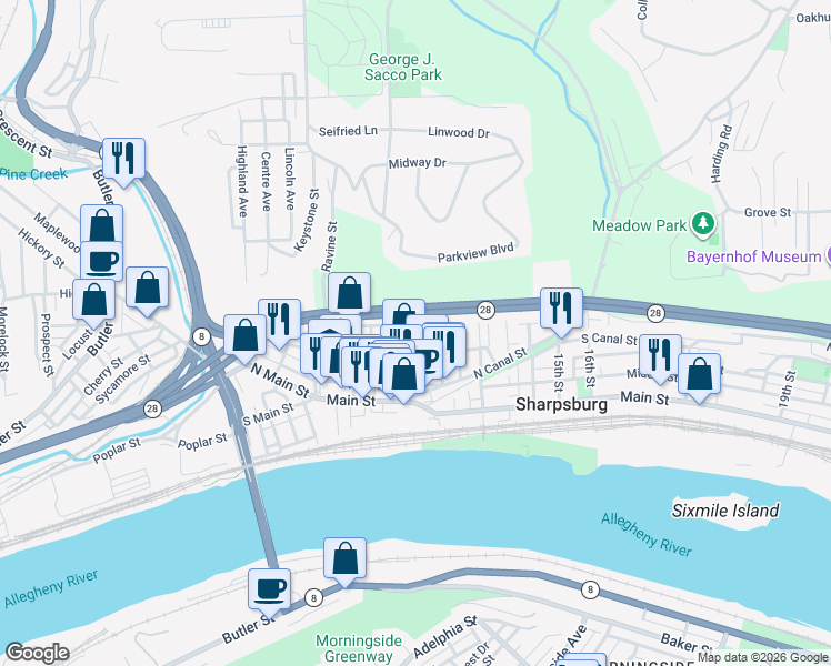 map of restaurants, bars, coffee shops, grocery stores, and more near 1014 High Street in Pittsburgh