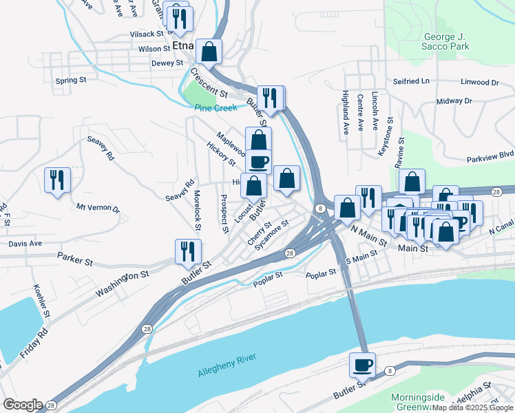 map of restaurants, bars, coffee shops, grocery stores, and more near 363 Butler Street in Etna