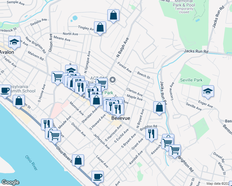 map of restaurants, bars, coffee shops, grocery stores, and more near 425 Dawson Avenue in Pittsburgh