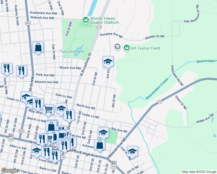 map of restaurants, bars, coffee shops, grocery stores, and more near 510 3rd Street Northeast in New Philadelphia