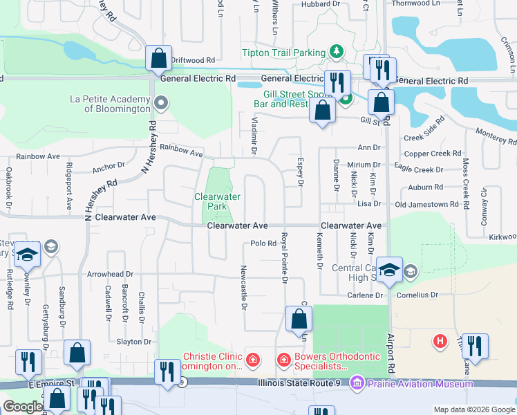 map of restaurants, bars, coffee shops, grocery stores, and more near 49 Bandecon Way in Bloomington