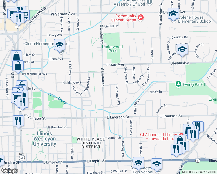 map of restaurants, bars, coffee shops, grocery stores, and more near 4 Maple Place in Normal