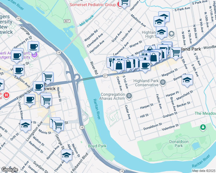 map of restaurants, bars, coffee shops, grocery stores, and more near 30 South Adelaide Avenue in Highland Park