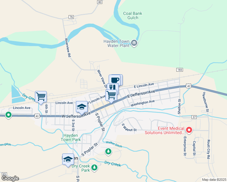 map of restaurants, bars, coffee shops, grocery stores, and more near 198 West Lincoln Avenue in Hayden