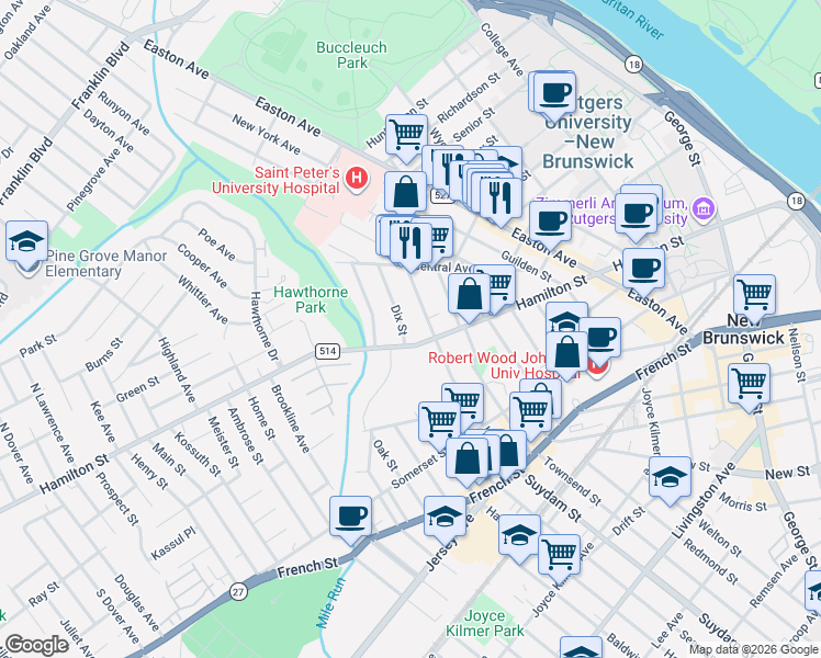 map of restaurants, bars, coffee shops, grocery stores, and more near 3 Dix Street in New Brunswick