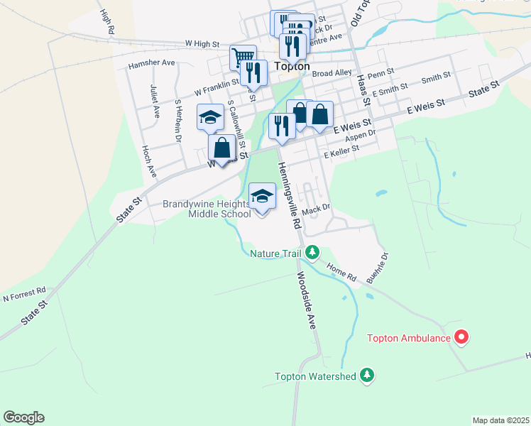 map of restaurants, bars, coffee shops, grocery stores, and more near 200 West Weis Street in Topton
