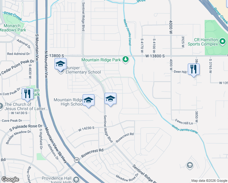 map of restaurants, bars, coffee shops, grocery stores, and more near 13988 South Champlin Peak Drive in Herriman