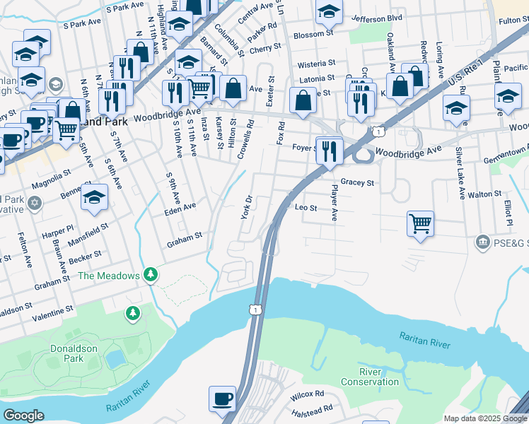 map of restaurants, bars, coffee shops, grocery stores, and more near 21 York Drive in Edison