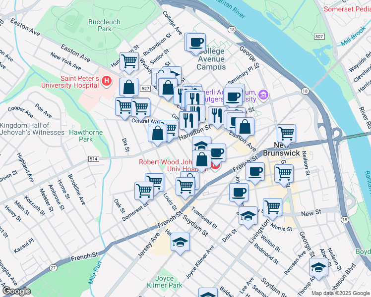 map of restaurants, bars, coffee shops, grocery stores, and more near 48 Division Street in New Brunswick