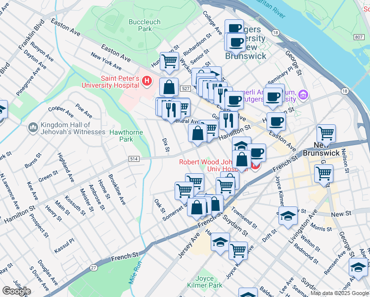 map of restaurants, bars, coffee shops, grocery stores, and more near 12 Robinson Street in New Brunswick