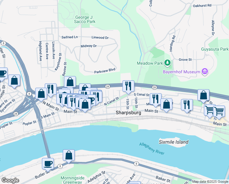 map of restaurants, bars, coffee shops, grocery stores, and more near 318 Roosevelt Way in Pittsburgh