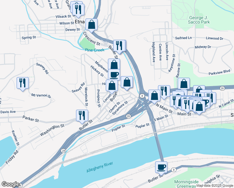 map of restaurants, bars, coffee shops, grocery stores, and more near 363 Butler Street in Etna