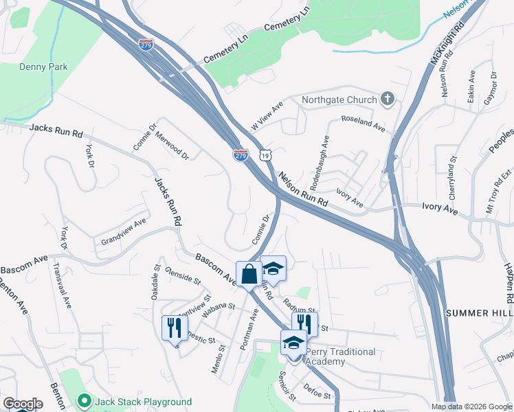 map of restaurants, bars, coffee shops, grocery stores, and more near 207 Connie Drive in Pittsburgh