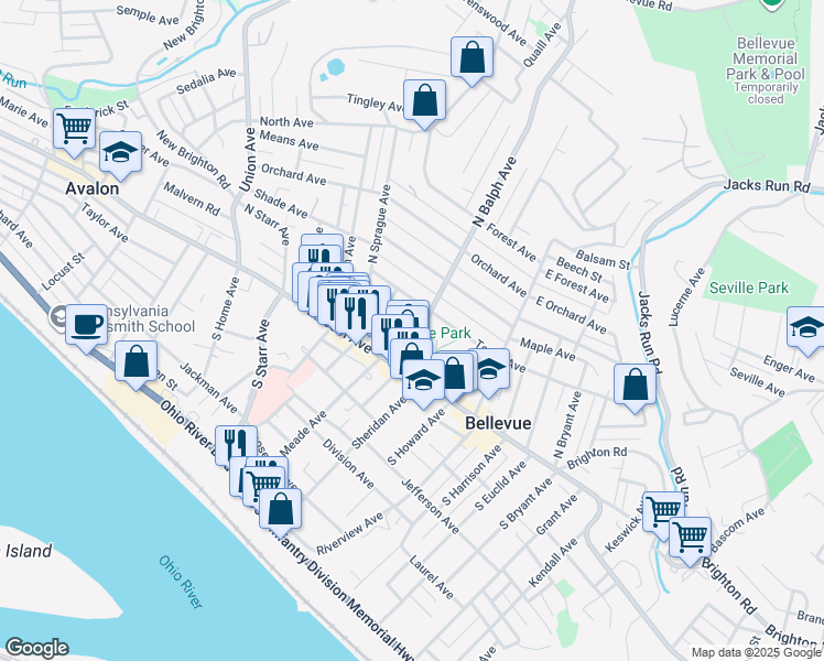 map of restaurants, bars, coffee shops, grocery stores, and more near 51 North Balph Avenue in Pittsburgh