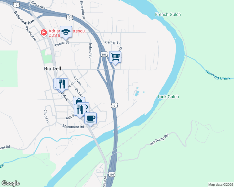 map of restaurants, bars, coffee shops, grocery stores, and more near Redwood Highway in Rio Dell