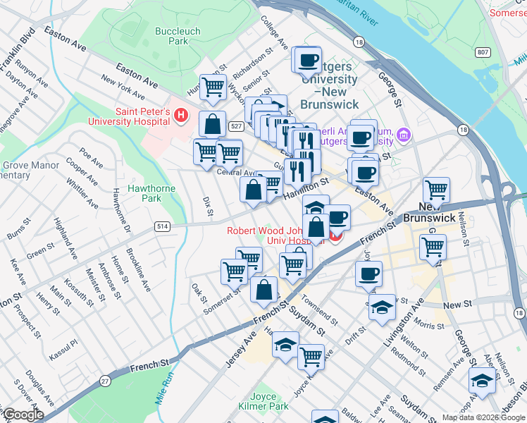 map of restaurants, bars, coffee shops, grocery stores, and more near 206 Hamilton Street in New Brunswick