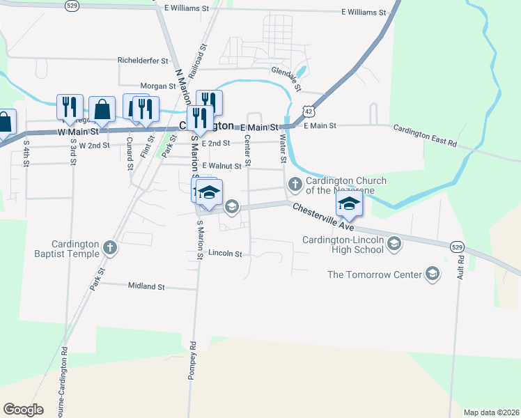 map of restaurants, bars, coffee shops, grocery stores, and more near 210 Nichols Street in Cardington