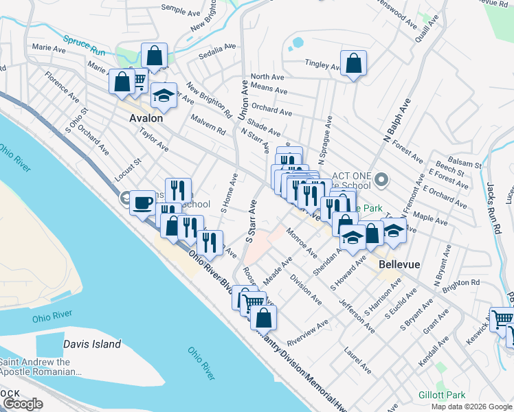 map of restaurants, bars, coffee shops, grocery stores, and more near in Avalon