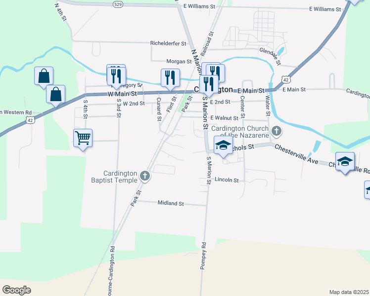 map of restaurants, bars, coffee shops, grocery stores, and more near 400 Park Street in Cardington